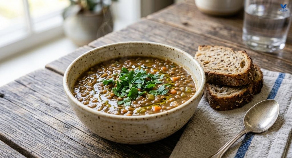 Homemade lentil soup rich in plant-based protein and dietary fiber.