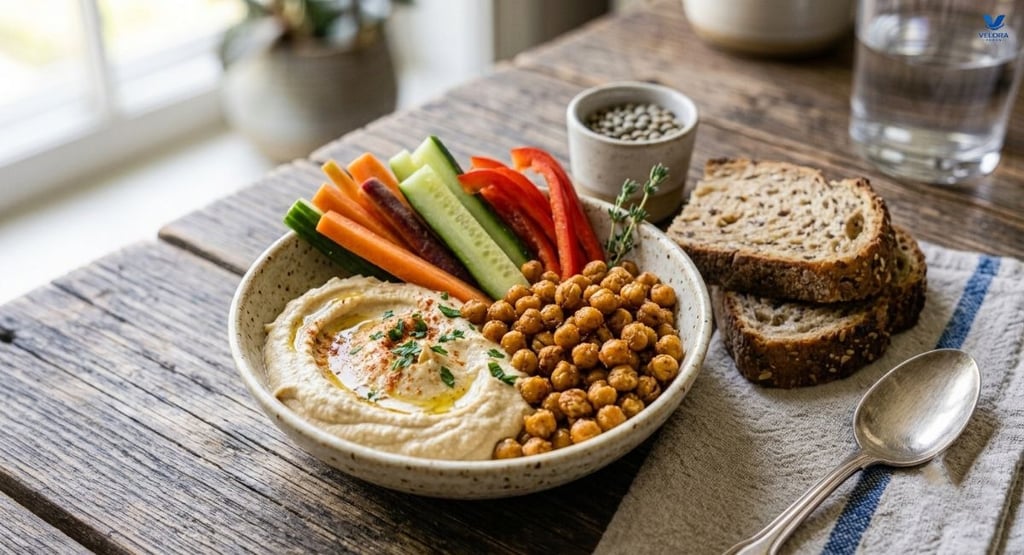Roasted chickpeas and hummus served with fresh vegetables as healthy plant-based protein foods.