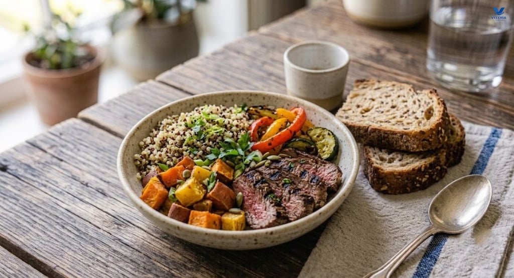 Lean grilled beef served with roasted vegetables and sweet potatoes.