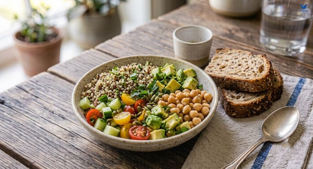 Healthy quinoa salad with vegetables and chickpeas for a balanced high-protein meal.