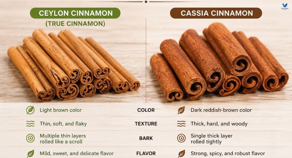 Comparison of Ceylon cinnamon and Cassia cinnamon showing differences in appearance, color, and text