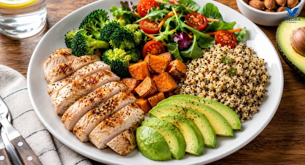 A balanced plate highlighting protein, vegetables, healthy fats, and whole grains.