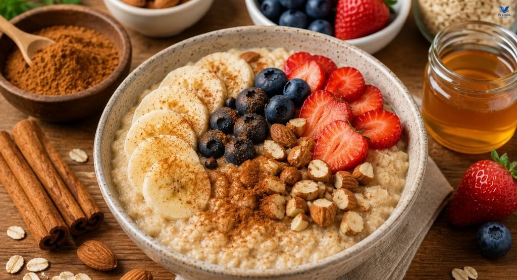 Healthy oatmeal topped with fresh fruit and cinnamon as part of a balanced breakfast.