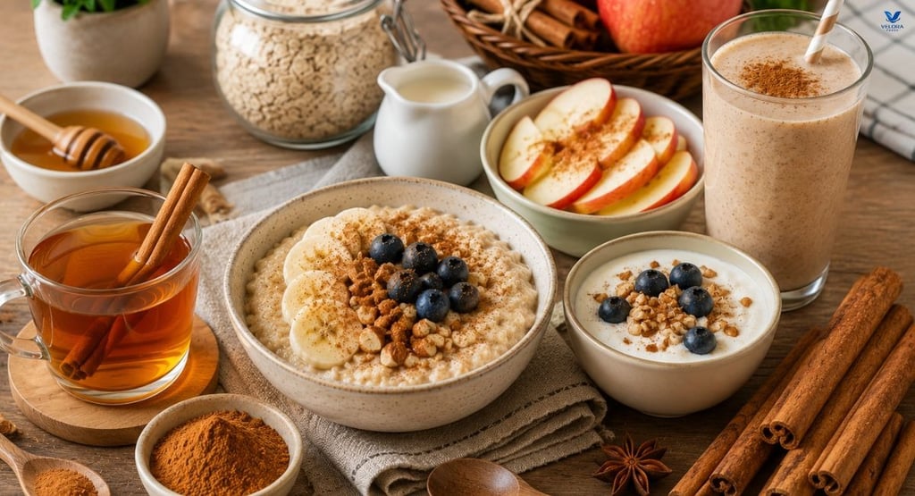 Healthy foods flavored with cinnamon including tea, oatmeal, yogurt, apples, and smoothies.