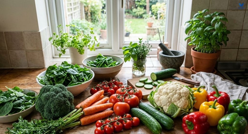 Fresh vegetables including broccoli, spinach, carrots, tomatoes, cucumbers, cauliflower