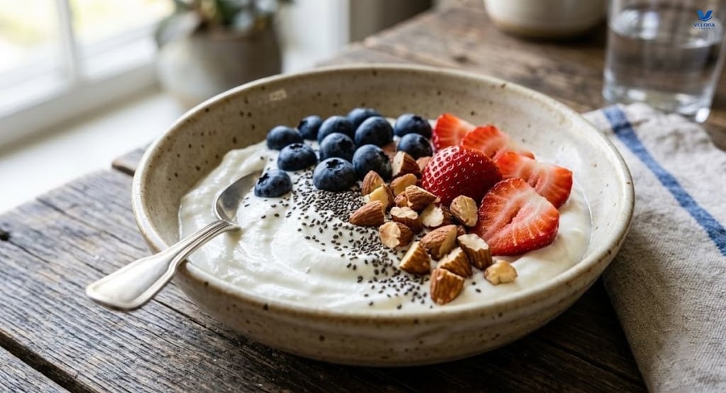 Greek yogurt with fresh berries, almonds, and chia seeds for a healthy high-protein breakfast.