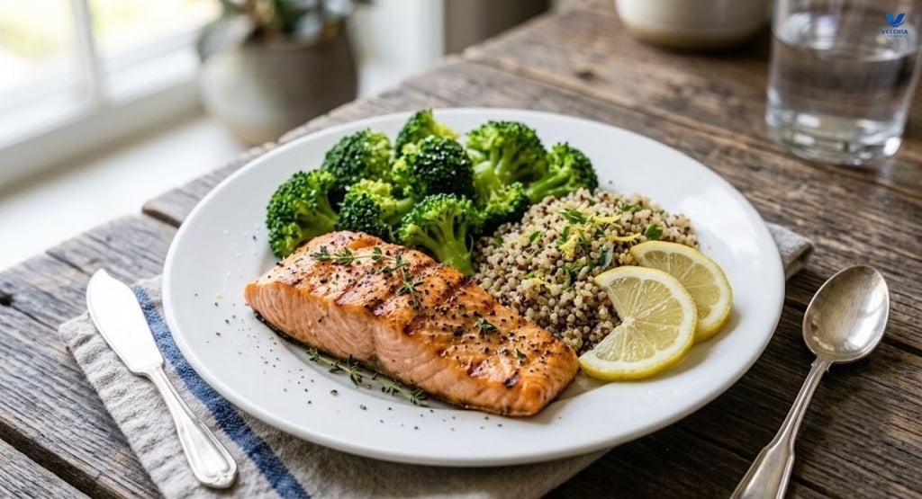 Grilled chicken breast with quinoa and roasted vegetables as a healthy high-protein meal.