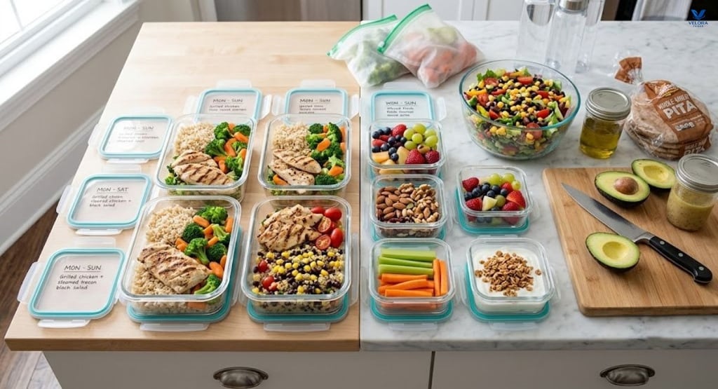 Weekly healthy meal preparation with containers filled with grilled chicken, vegetables, brown rice