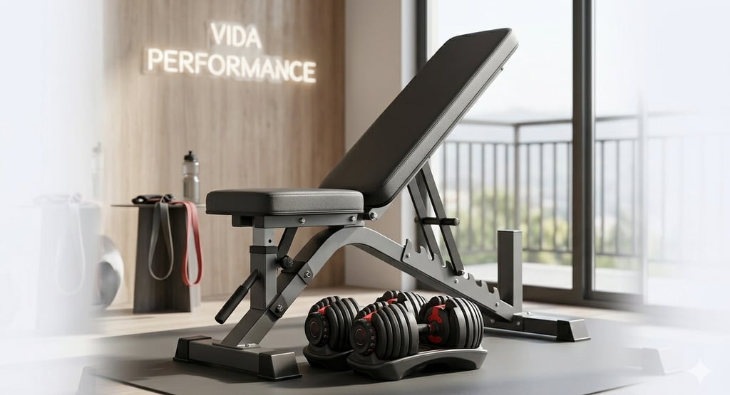 Banco de musculação ajustável e halteres em uma academia residencial moderna.
