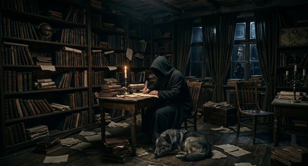 A hooded scholar writes by candlelight in a dark medieval library with a wolf at his feet.