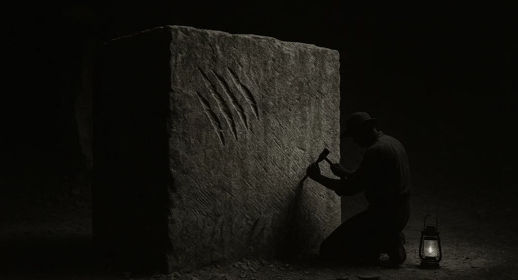 a man in a hat and a lantern light up a stone block