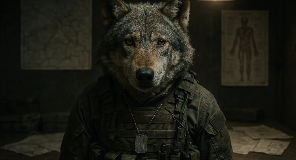 a wolf dog in a military uniform with a man in a military uniform