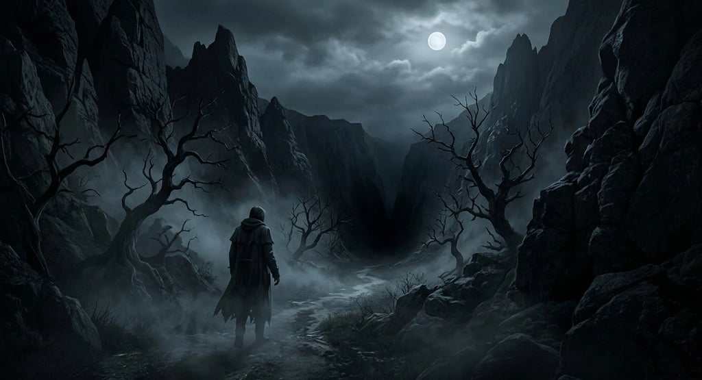 A hooded figure walks through a dark, misty mountain pass under a full moon with gnarled trees.