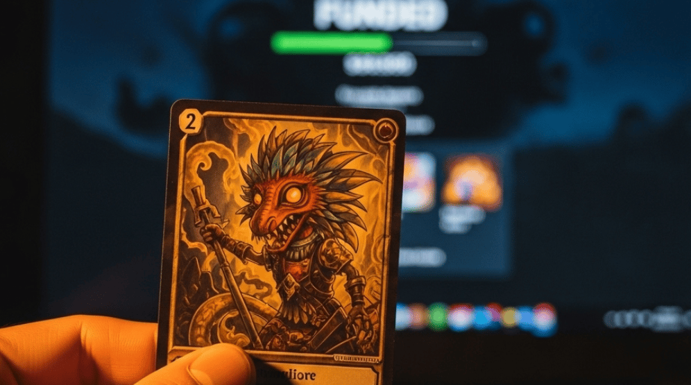 A custom trading card held by its creator, with a successfully funded Kickstarter campaign visible o