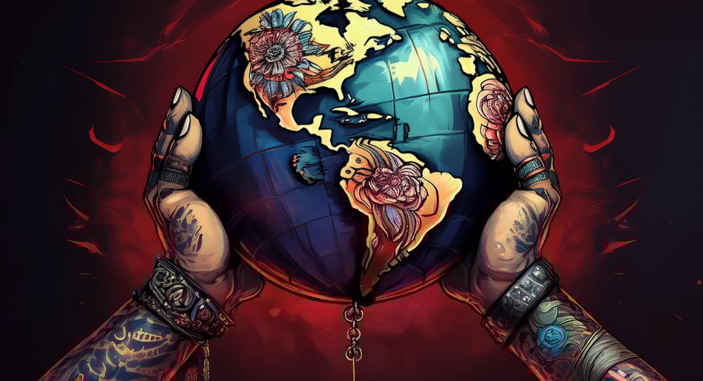 a person holding a globe with tattoos on it