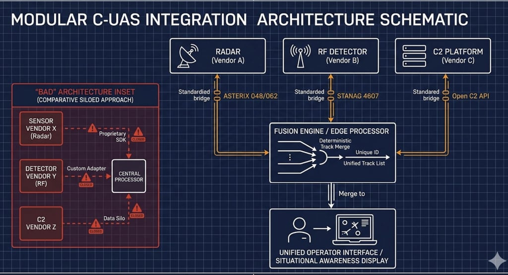 Modular C-UAS integration architecture schematic comparing siloed vendor data to a unified fusion engine system.