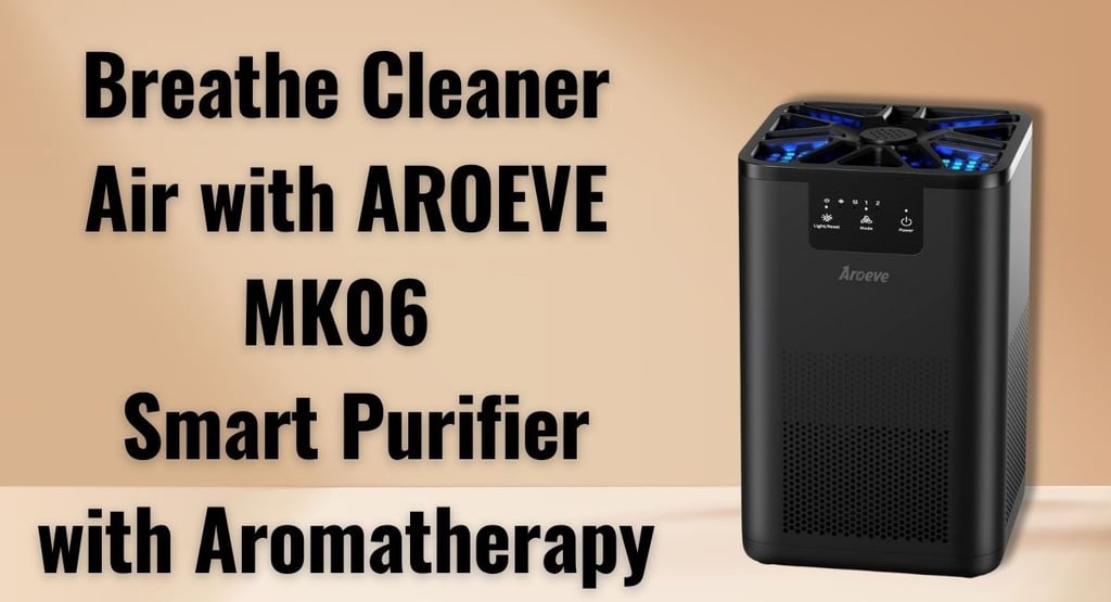 Modern AROEVE air purifier next to bed, emitting clean air and soft light
