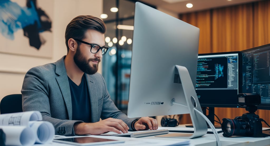 Man with glasses working on a computer in an office.
