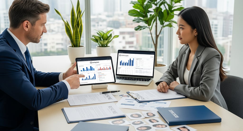 A professional consulting session with two people at a conference table with laptops and tablets.