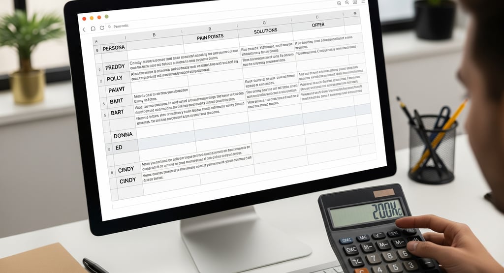 A computer screen showing a spreadsheet of personas and a person's hand holding a calculator.