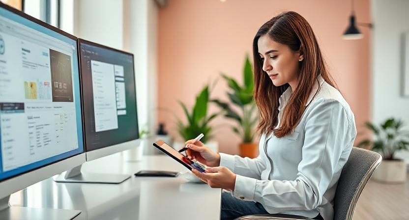 SaaS developer using AI for app creation in a modern office.