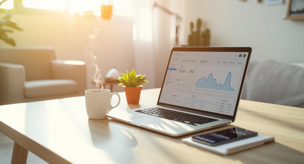 Modern laptop workspace with analytics dashboard and coffee