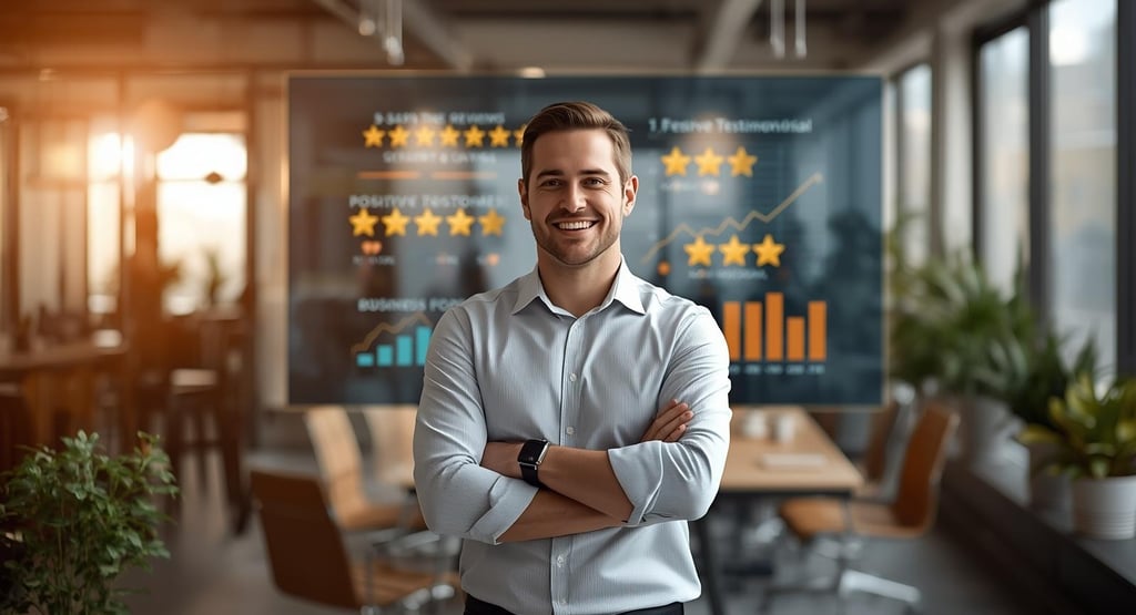 Business owner viewing positive customer reviews and ratings dashboard