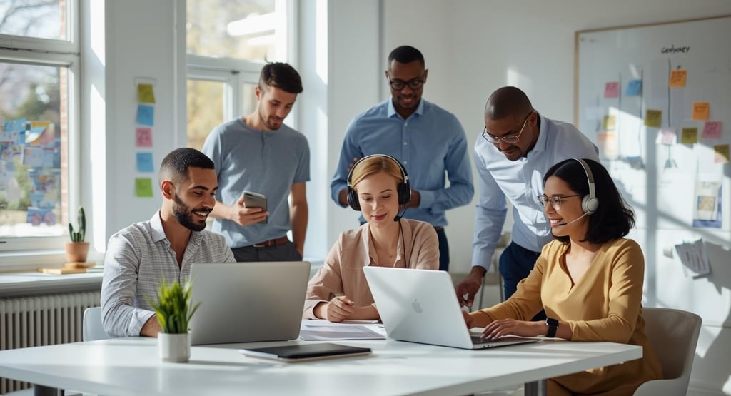 Team collaborating remotely on different business tasks