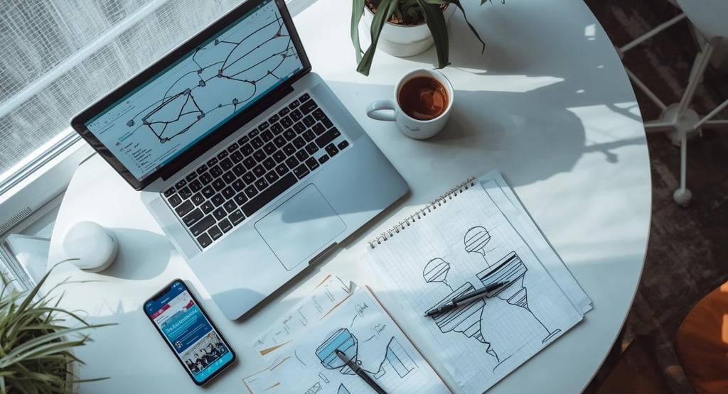 Email automation workflow on laptop screen with analytics and coffee on desk