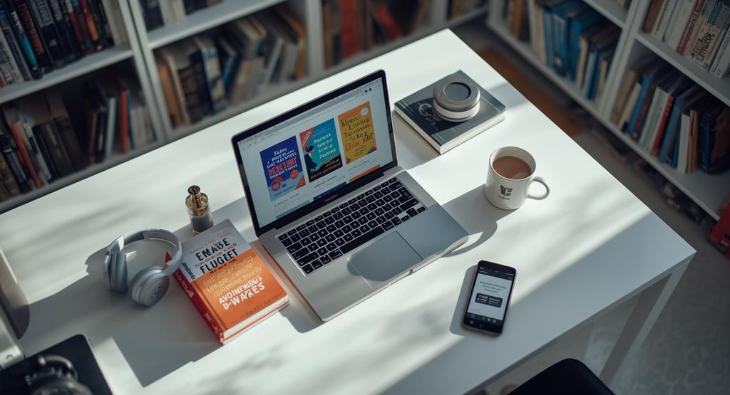 Modern workspace with laptop displaying digital ebooks and business books