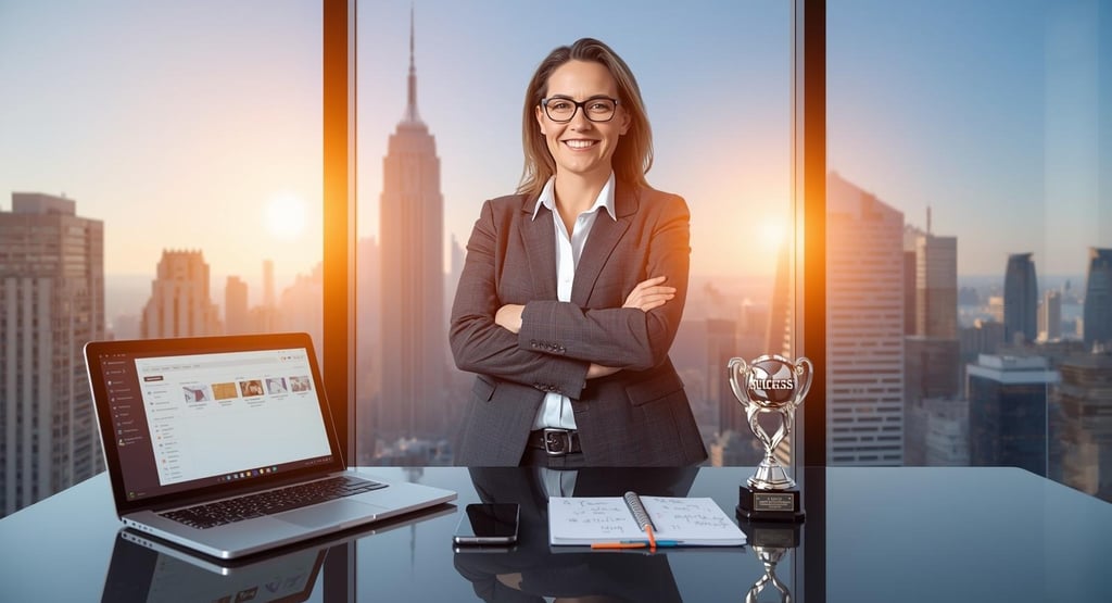 Confident professional with digital learning resources in modern office setting