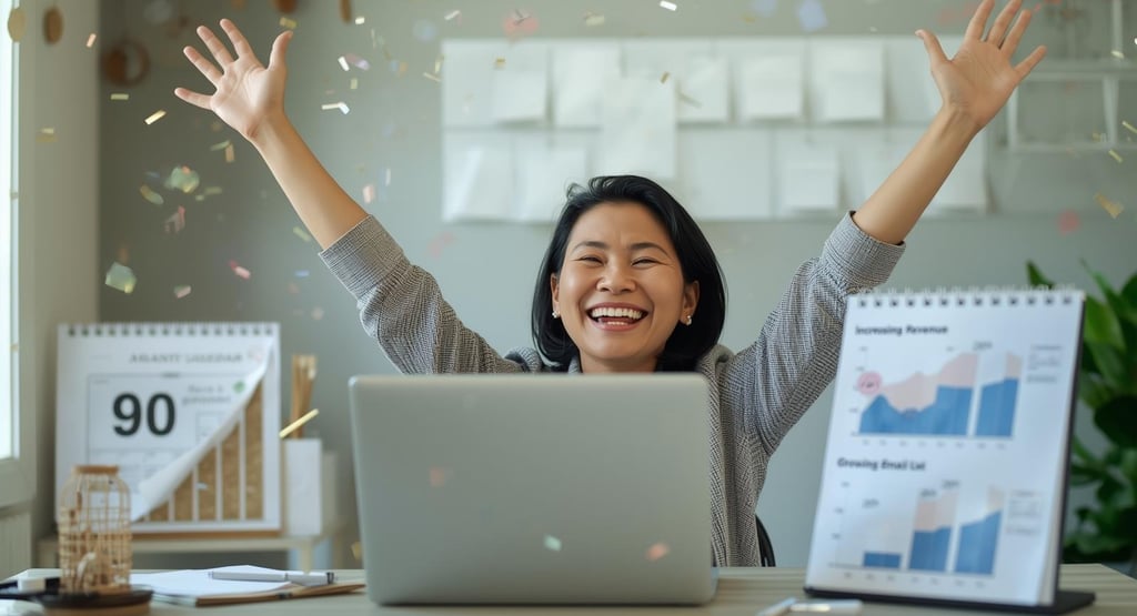 Entrepreneur celebrating business success after 90-day journey