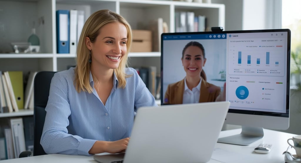 Entrepreneur on video call with VA, monitor showing business metrics