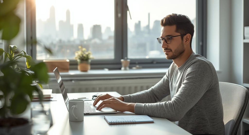 Entrepreneur working at desk with laptop showing growth chart