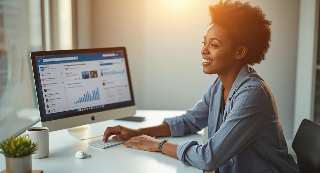 Professional working on LinkedIn content strategy at modern home office desk