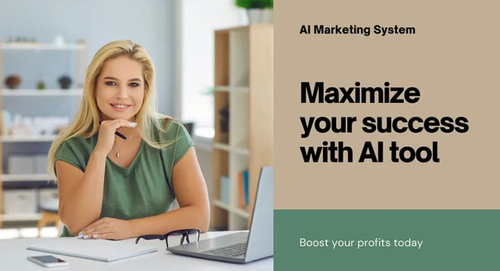 a woman sitting at a desk with a laptop and a text saying the affiliate system AI tool