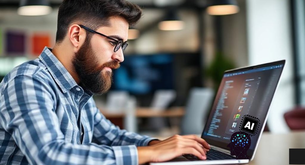 Developer collaborating with AI to optimize code and software architecture.