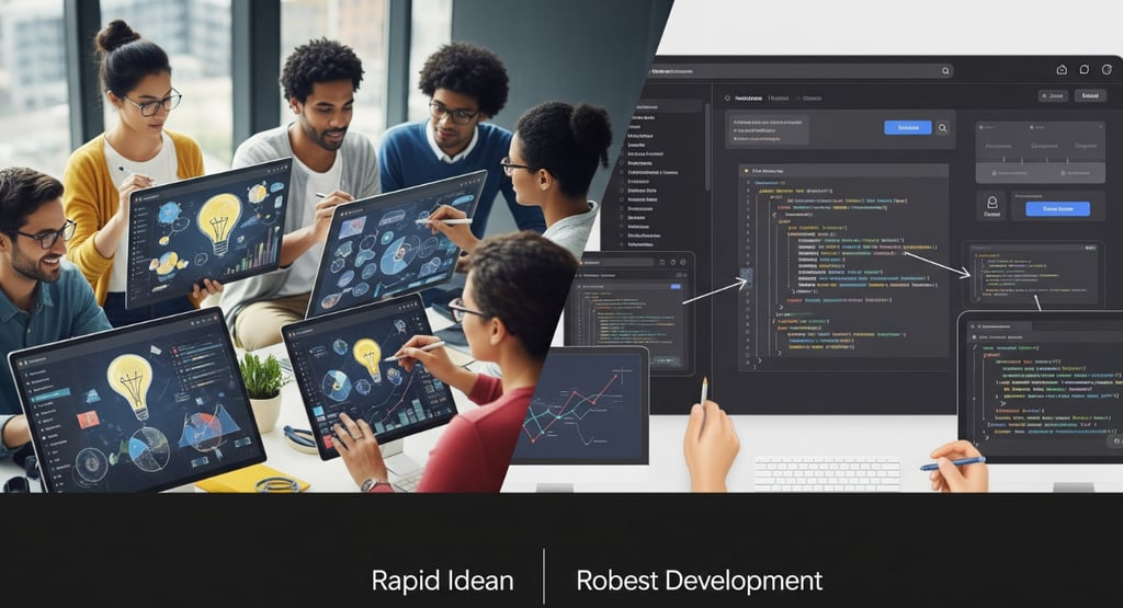 AI-powered no-code platforms: rapid ideation vs. robust development.