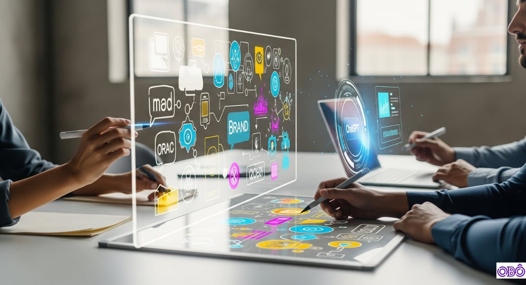 Diverse team brainstorming new products and brands with AI assistance on a digital board.