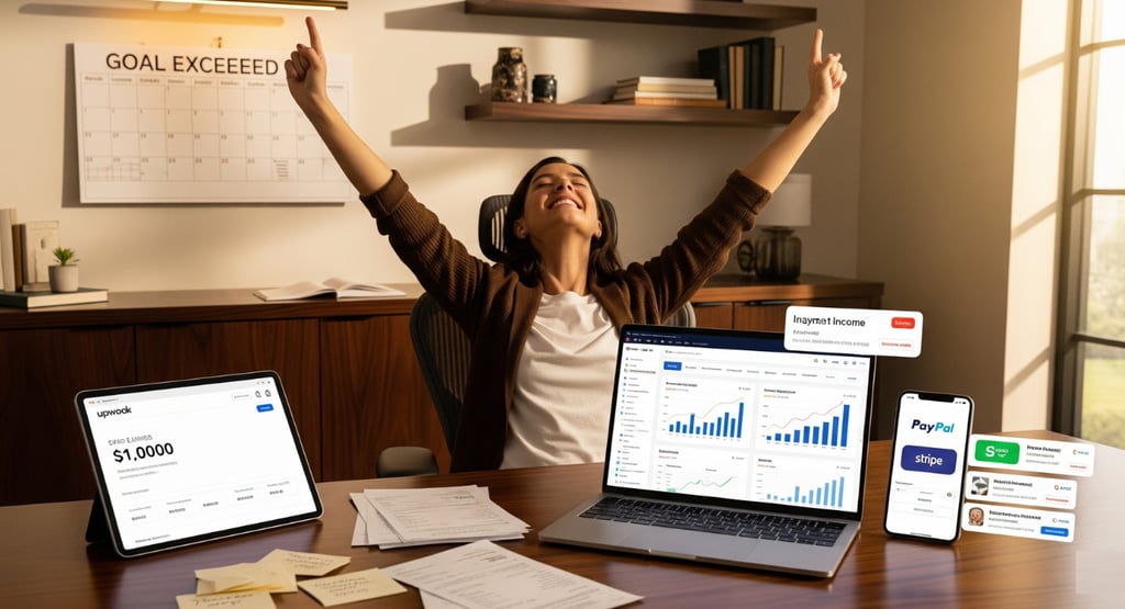  A person celebrating success at their desk with a laptop, phone, and tablet showing earnings
