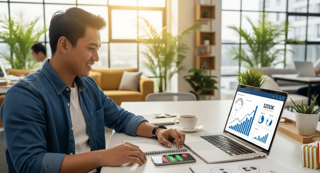 A Filipino man in a co-working space smiling at a laptop screen.