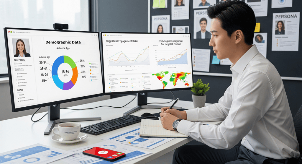 Content creator analyzing audience data with demographic charts and persona boards.