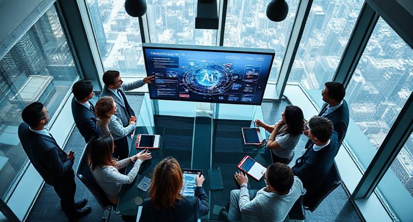 Business team reviewing AI-generated presentation in modern conference room