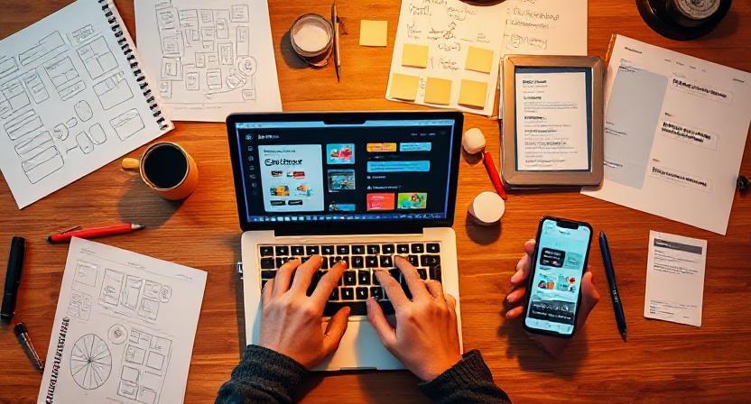 Designer building chatbot conversation flow with visual editor