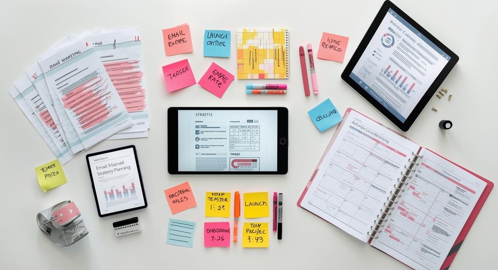 Email marketing strategy planning materials and analytics on desk