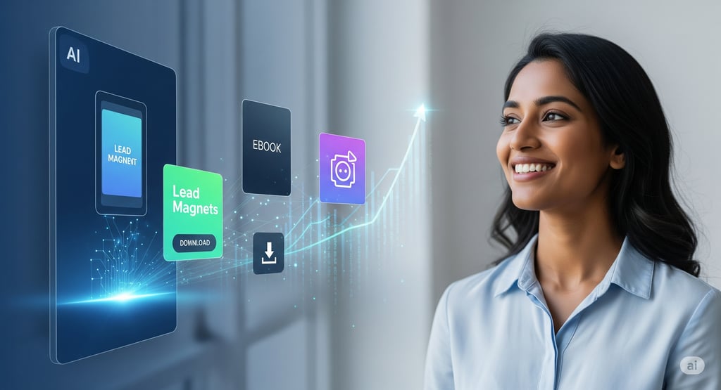 AI interface generating lead magnets next to smiling business professional and growth graph.
