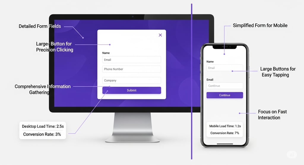 Side-by-side comparison of a desktop and mobile popup, highlighting key differences in design and UX