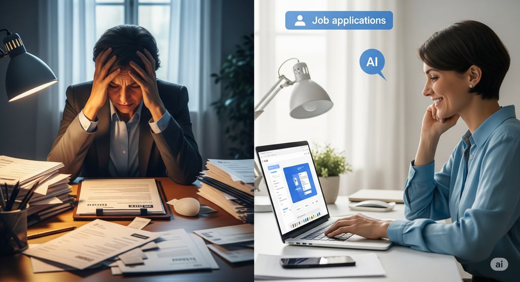 "Left: Stressed by manual job applications. Right: Happy with AI-assisted job search."