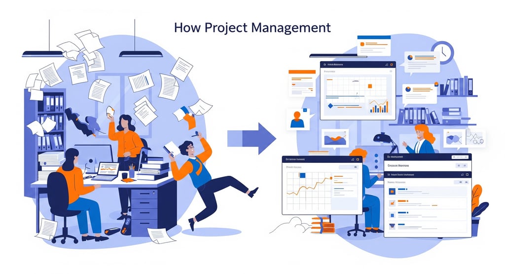 Image of two sceen disaorganized and organized projetct management teams