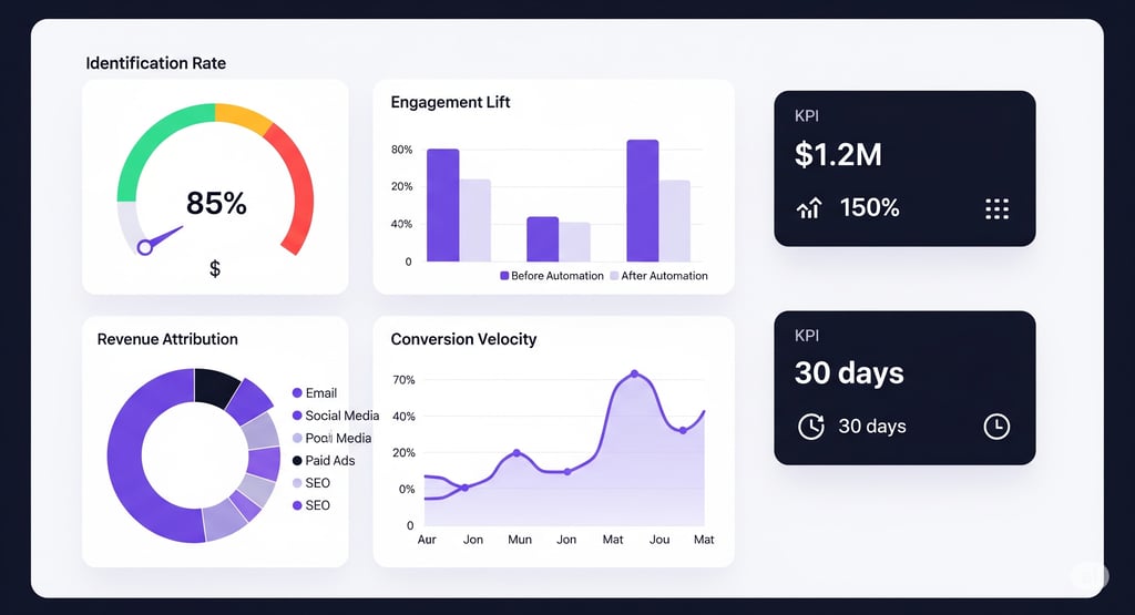 Analytics  charts for identification rate, engagement lift, revenue attribution, and conversion velo